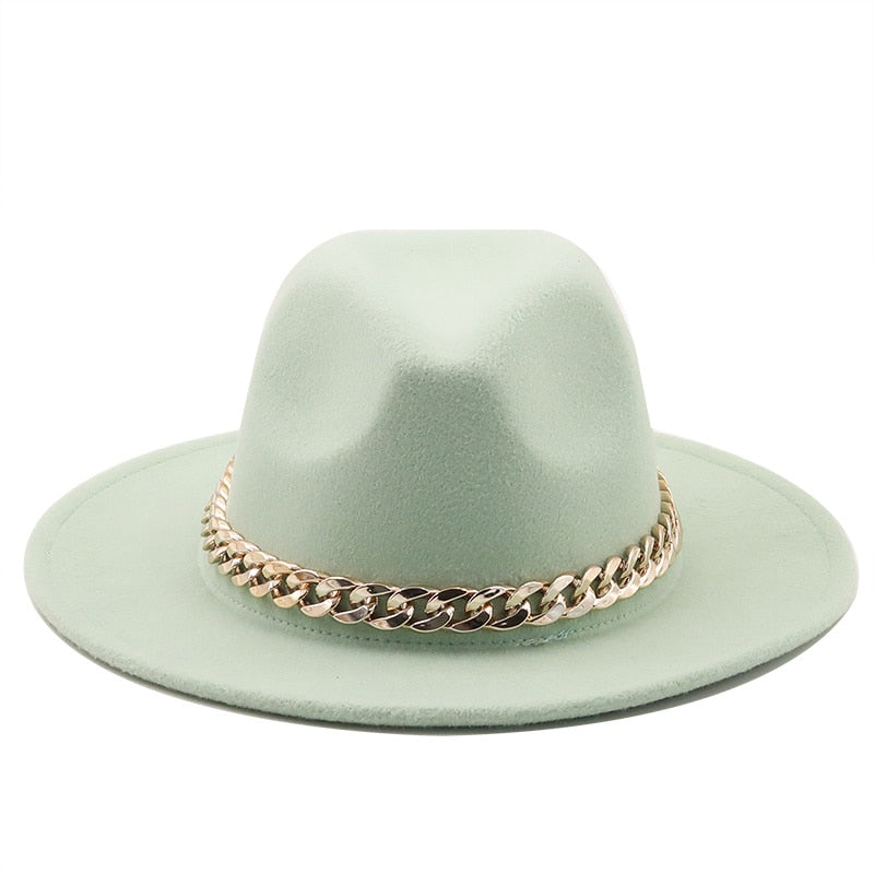Fedora hats women wide brim Thick gold chain band felted hats