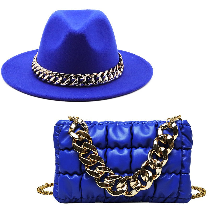 Fedora Hats Women Luxury Accessories Gold Chain Bag Hats Set Ladies Leather Bag Tote