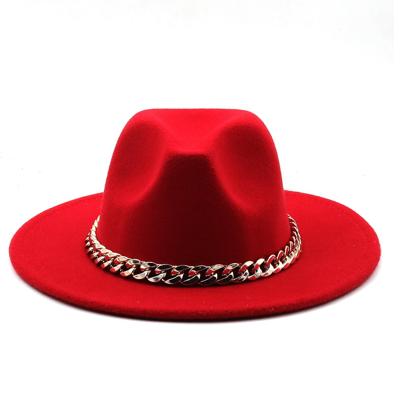 Fedora hats women wide brim Thick gold chain band felted hats