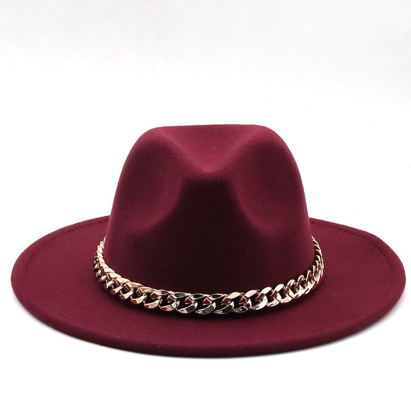 Fedora hats women wide brim Thick gold chain band felted hats