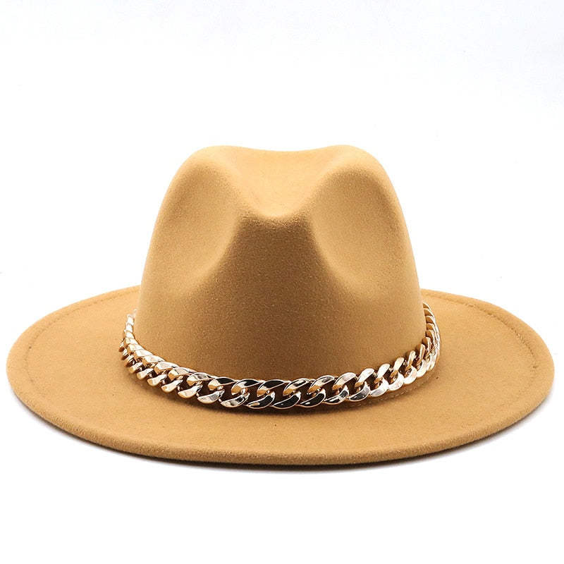 Fedora hats women wide brim Thick gold chain band felted hats