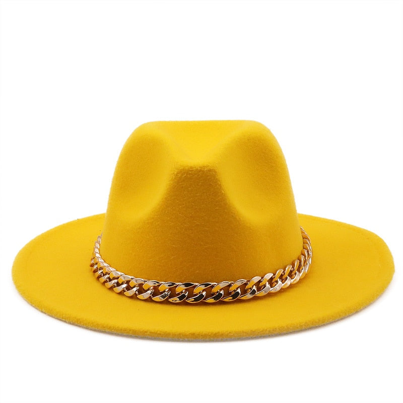 Fedora hats women wide brim Thick gold chain band felted hats