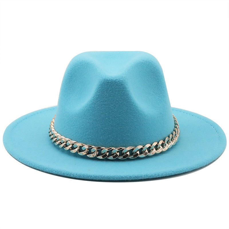 Fedora hats women wide brim Thick gold chain band felted hats