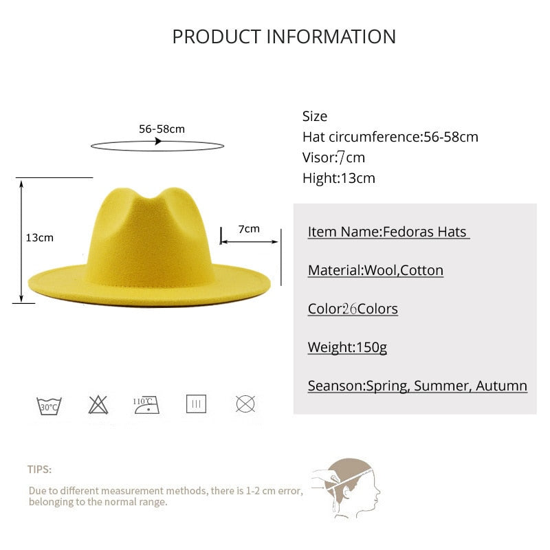 Fedora hats women wide brim Thick gold chain band felted hats