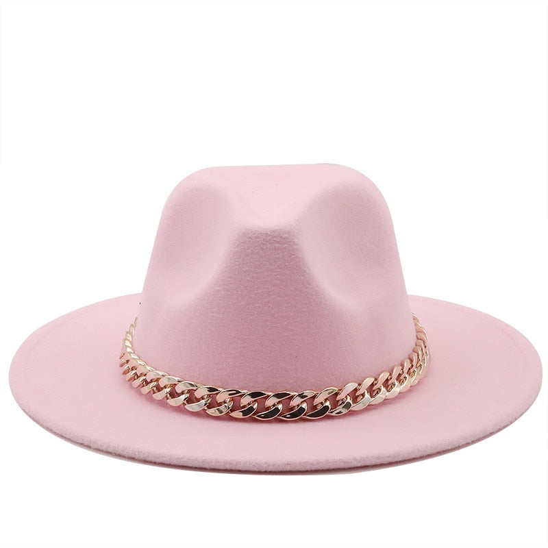 Fedora hats women wide brim Thick gold chain band felted hats