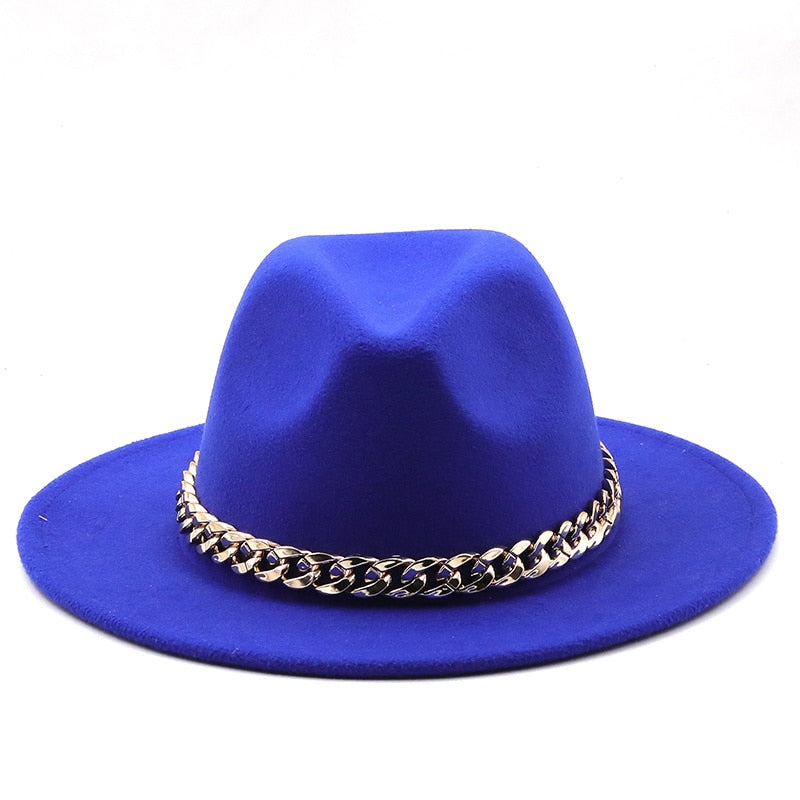 Fedora hats women wide brim Thick gold chain band felted hats