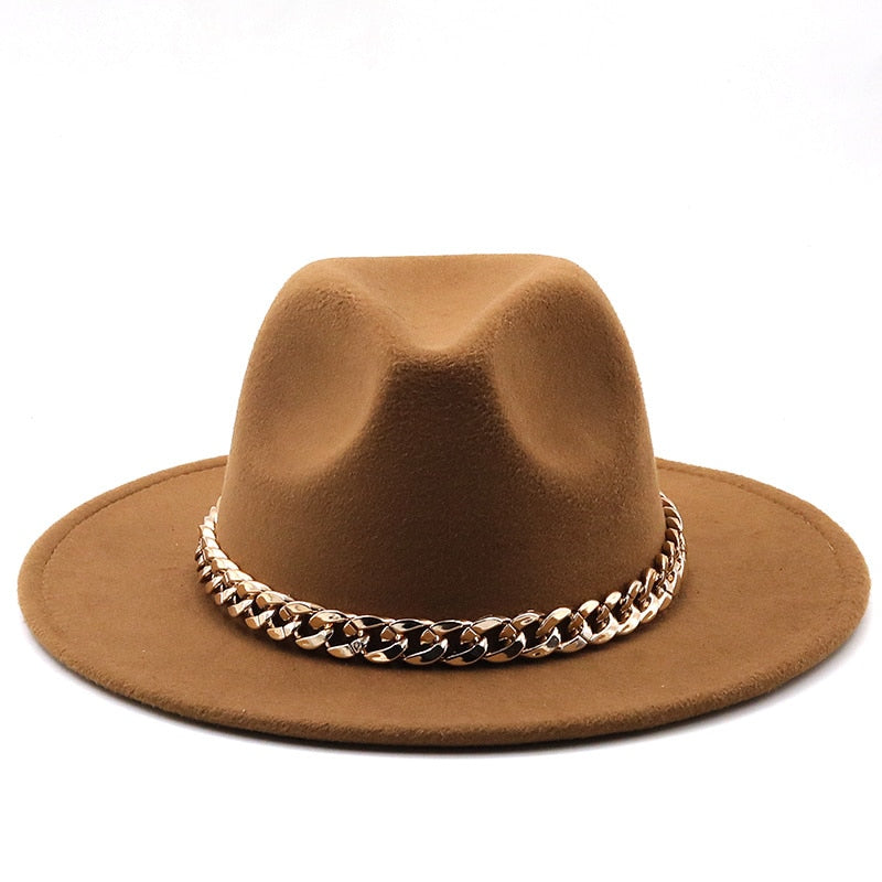 Fedora hats women wide brim Thick gold chain band felted hats