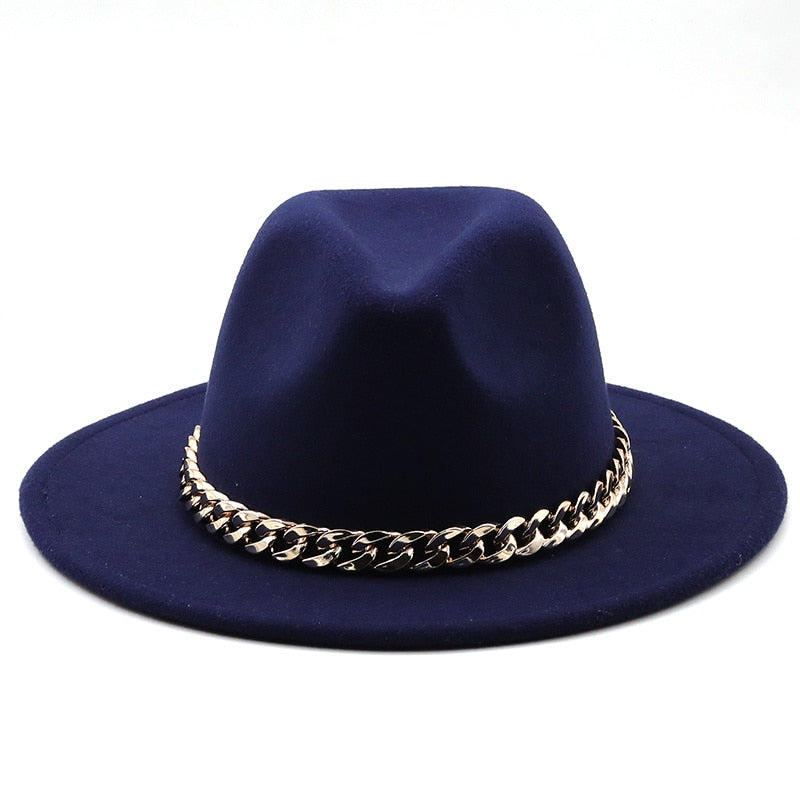 Fedora hats women wide brim Thick gold chain band felted hats
