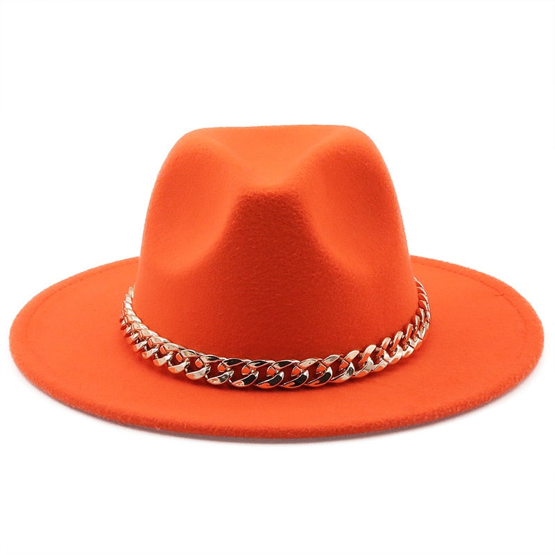 Fedora hats women wide brim Thick gold chain band felted hats