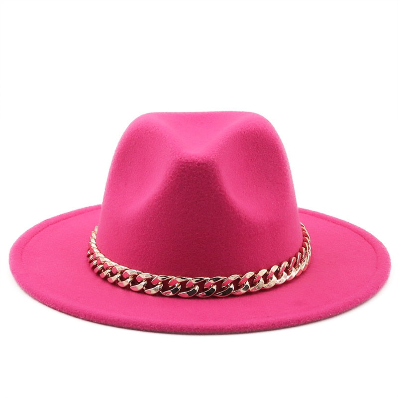 Fedora hats women wide brim Thick gold chain band felted hats