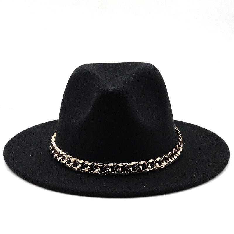 Fedora hats women wide brim Thick gold chain band felted hats