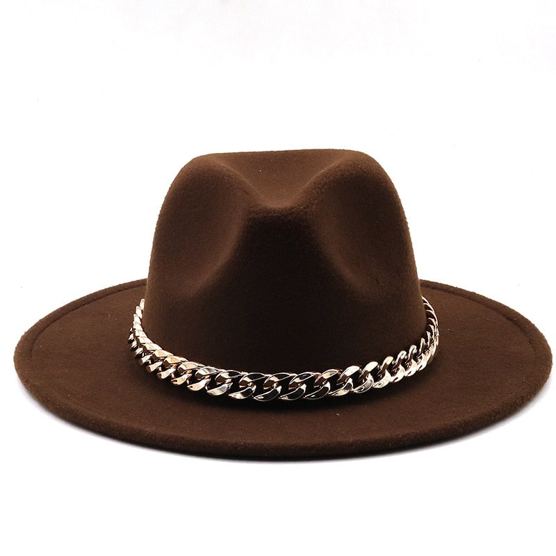 Fedora hats women wide brim Thick gold chain band felted hats