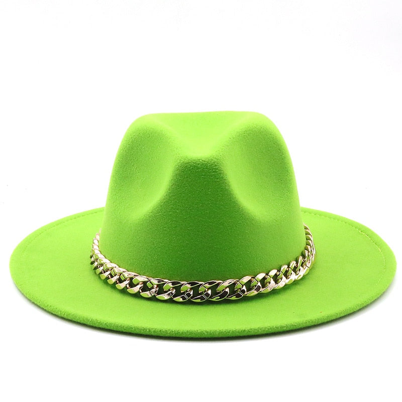 Fedora hats women wide brim Thick gold chain band felted hats