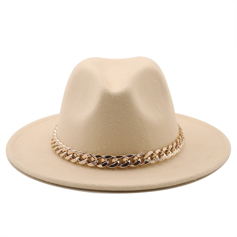 Fedora hats women wide brim Thick gold chain band felted hats