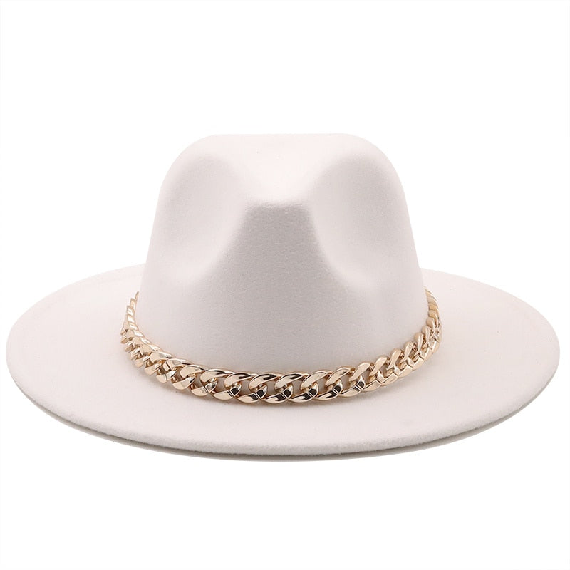 Fedora hats women wide brim Thick gold chain band felted hats