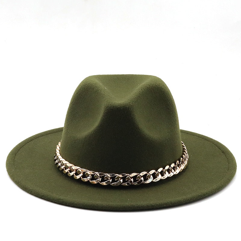Fedora hats women wide brim Thick gold chain band felted hats
