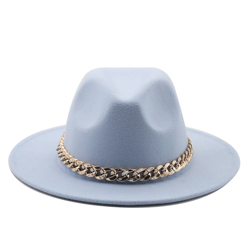 Fedora hats women wide brim Thick gold chain band felted hats