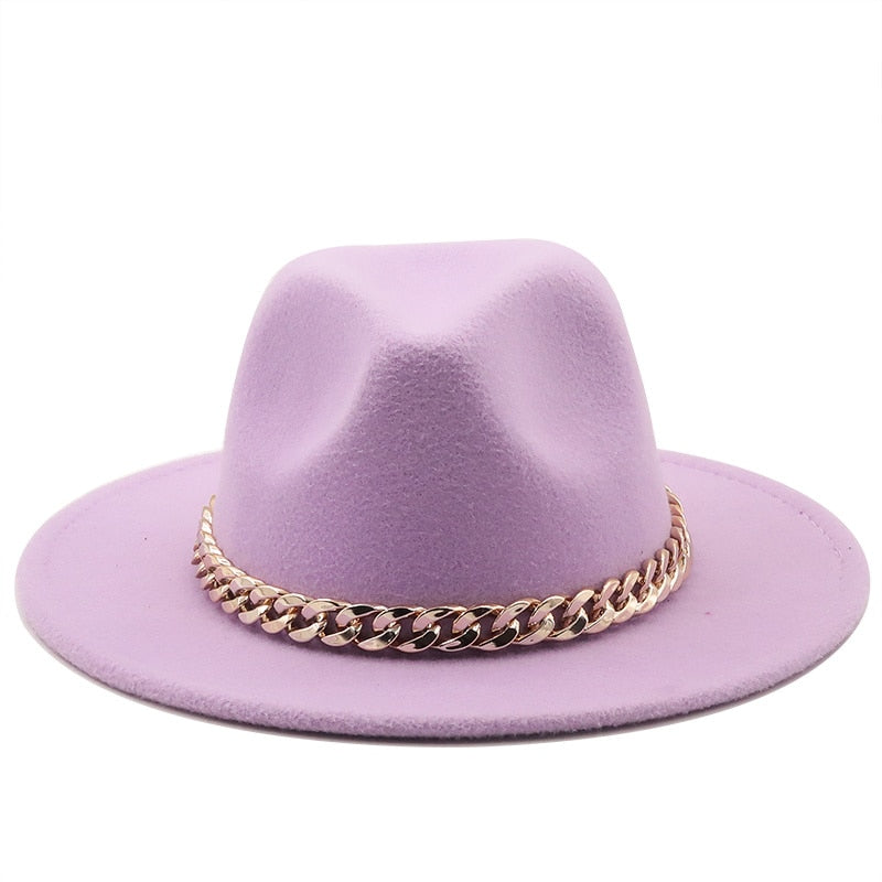 Fedora hats women wide brim Thick gold chain band felted hats