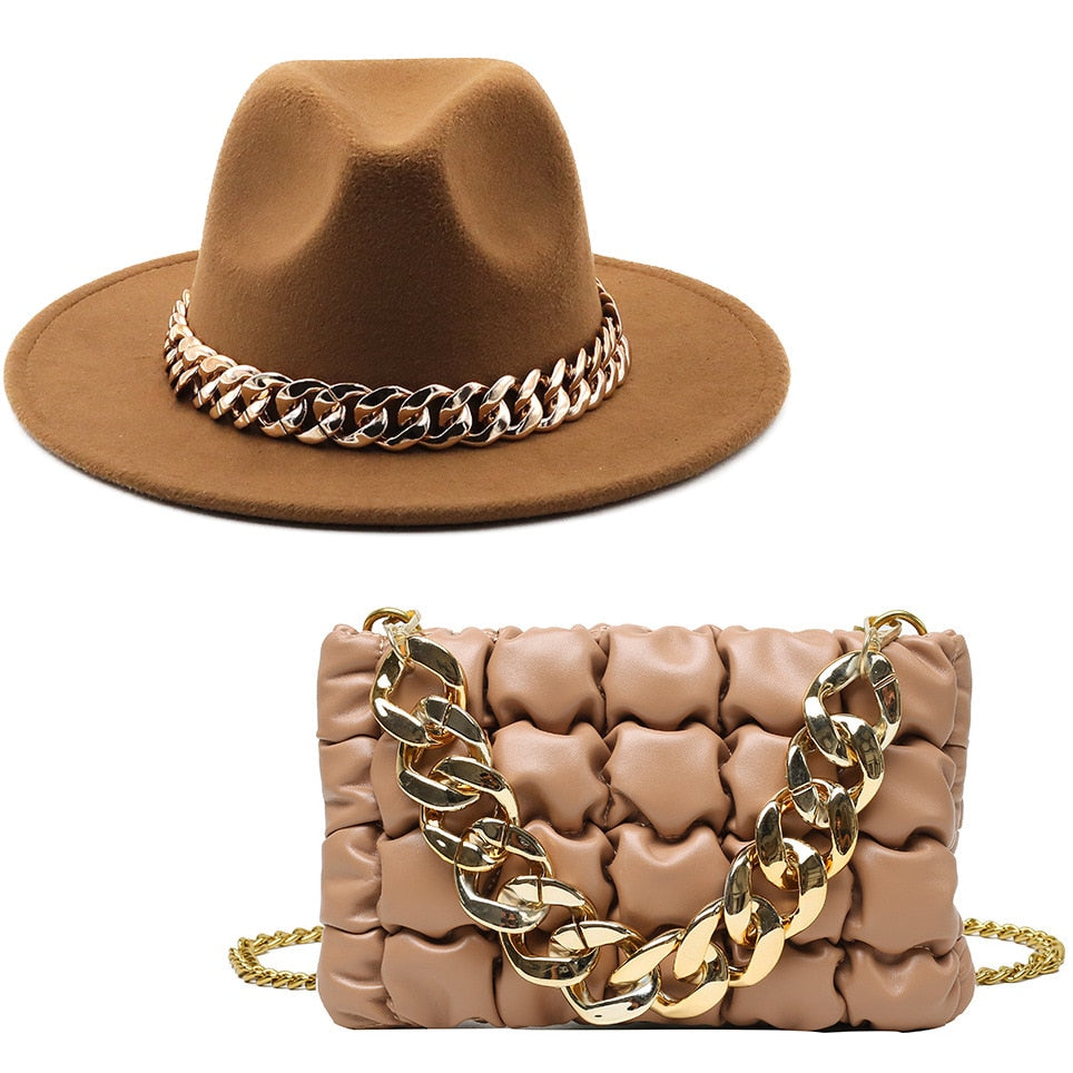 Fedora Hats Women Luxury Accessories Gold Chain Bag Hats Set Ladies Leather Bag Tote