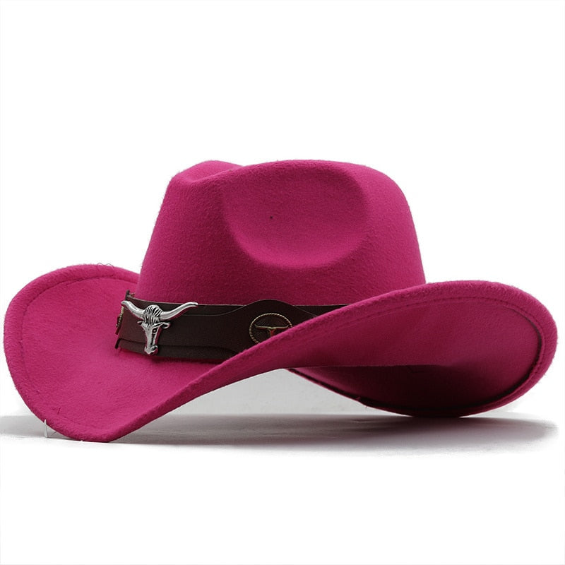 Simple Women Red Wool Chapeu Western Cowgirl Hats Size 56-58cm