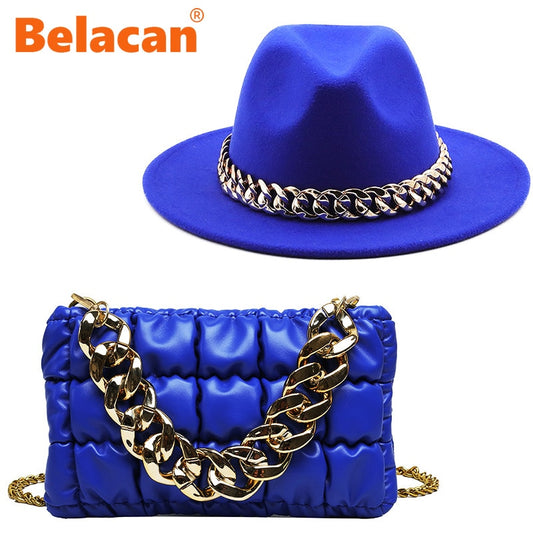Fedora Hats Women Luxury Accessories Gold Chain Bag Hats Set Ladies Leather Bag Tote