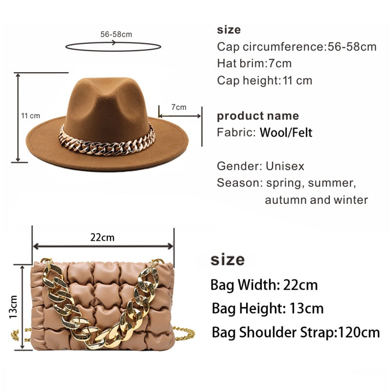 Fedora Hats Women Luxury Accessories Gold Chain Bag Hats Set Ladies Leather Bag Tote