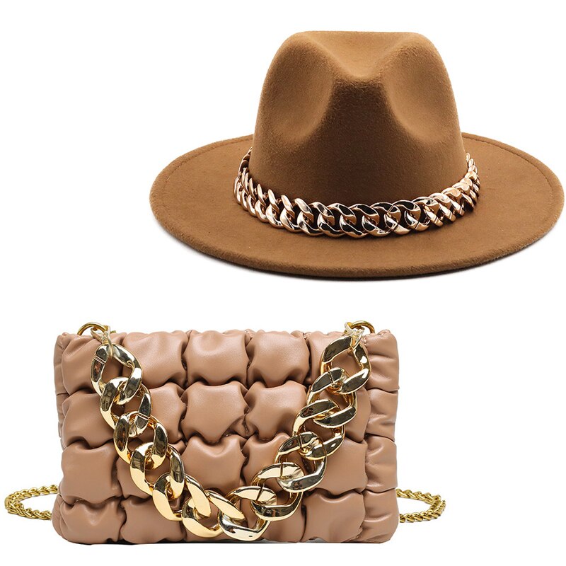 Fedora Hats Women Luxury Accessories Gold Chain Bag Hats Set Ladies Leather Bag Tote