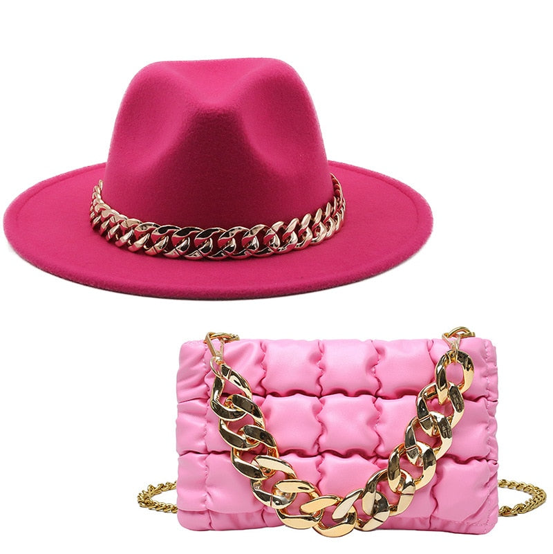 Fedora Hats Women Luxury Accessories Gold Chain Bag Hats Set Ladies Leather Bag Tote