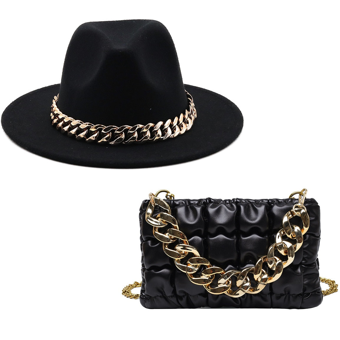 Fedora Hats Women Luxury Accessories Gold Chain Bag Hats Set Ladies Leather Bag Tote