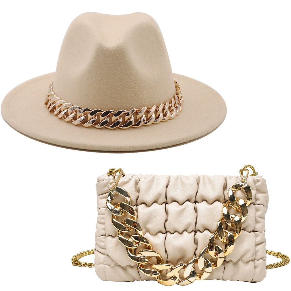 Fedora Hats Women Luxury Accessories Gold Chain Bag Hats Set Ladies Leather Bag Tote
