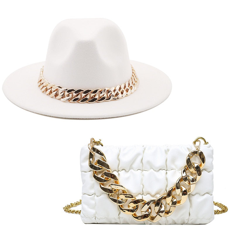 Fedora Hats Women Luxury Accessories Gold Chain Bag Hats Set Ladies Leather Bag Tote
