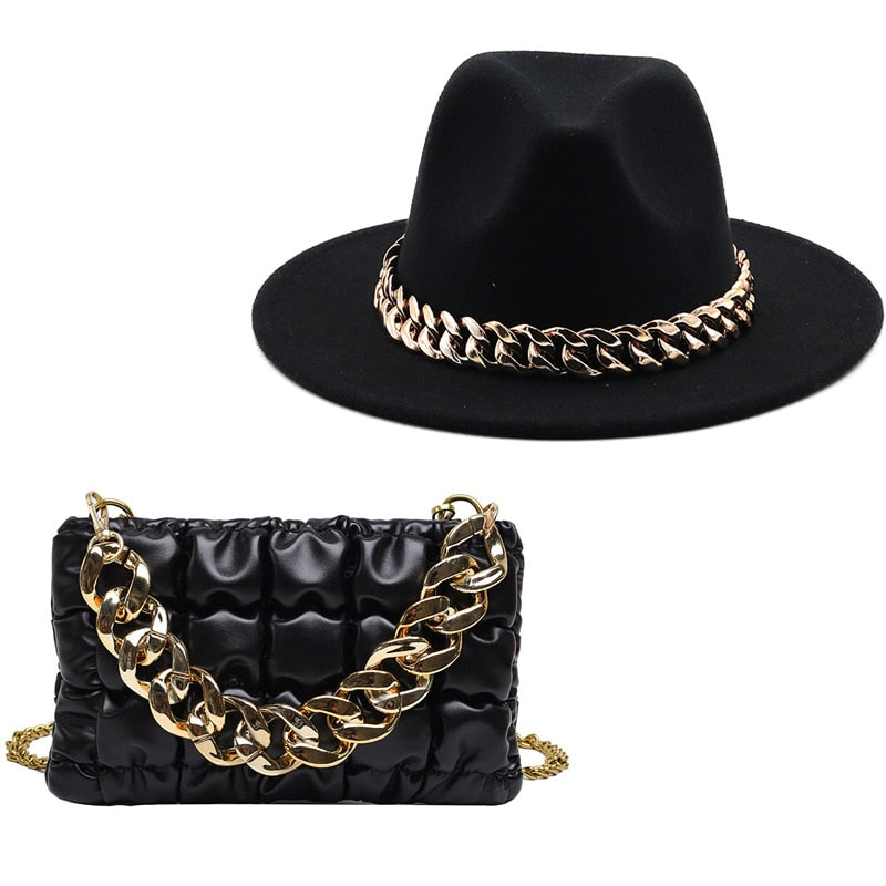 Fedora Hats Women Luxury Accessories Gold Chain Bag Hats Set Ladies Leather Bag Tote