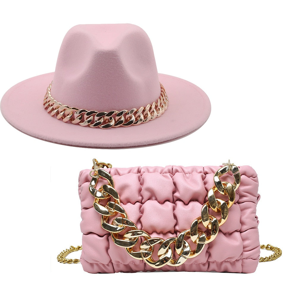 Fedora Hats Women Luxury Accessories Gold Chain Bag Hats Set Ladies Leather Bag Tote