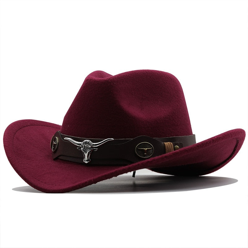 Simple Women Red Wool Chapeu Western Cowgirl Hats Size 56-58cm