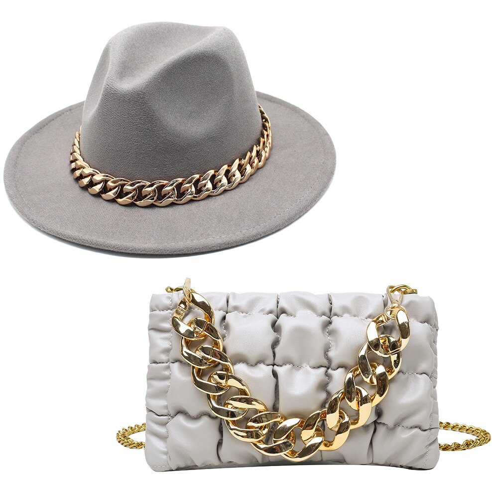Fedora Hats Women Luxury Accessories Gold Chain Bag Hats Set Ladies Leather Bag Tote