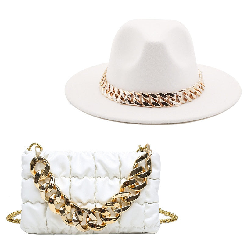 Fedora Hats Women Luxury Accessories Gold Chain Bag Hats Set Ladies Leather Bag Tote