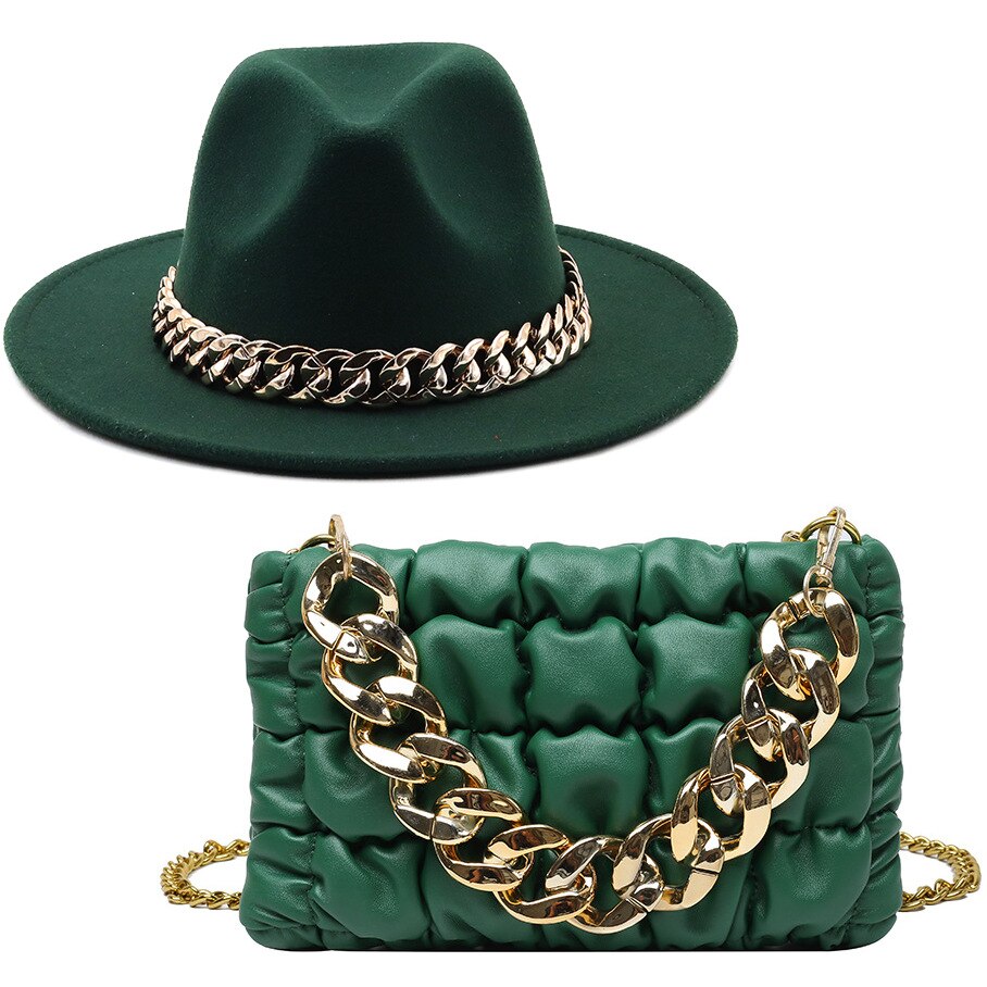 Fedora Hats Women Luxury Accessories Gold Chain Bag Hats Set Ladies Leather Bag Tote