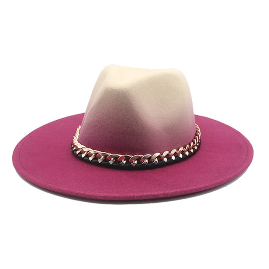 Jazz CapsFedora Hat Gradient Color Gold Chain Band Women Hat Winter Wide Brim Vintage Luxury Felt Women Hats